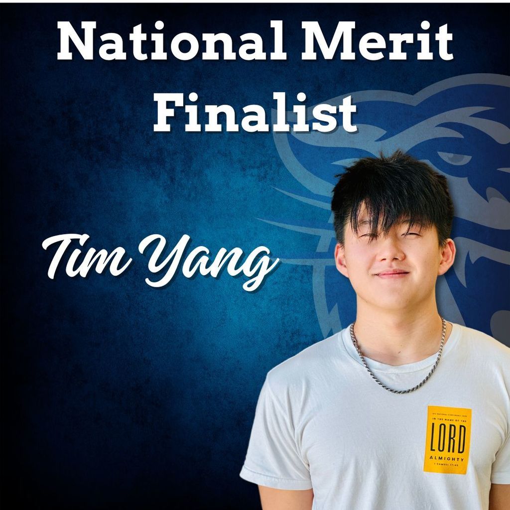 Blue background, faded wampus cat on the right side.  Image of student docked in the bottom right corner.National merit finalist: Tim Yang
