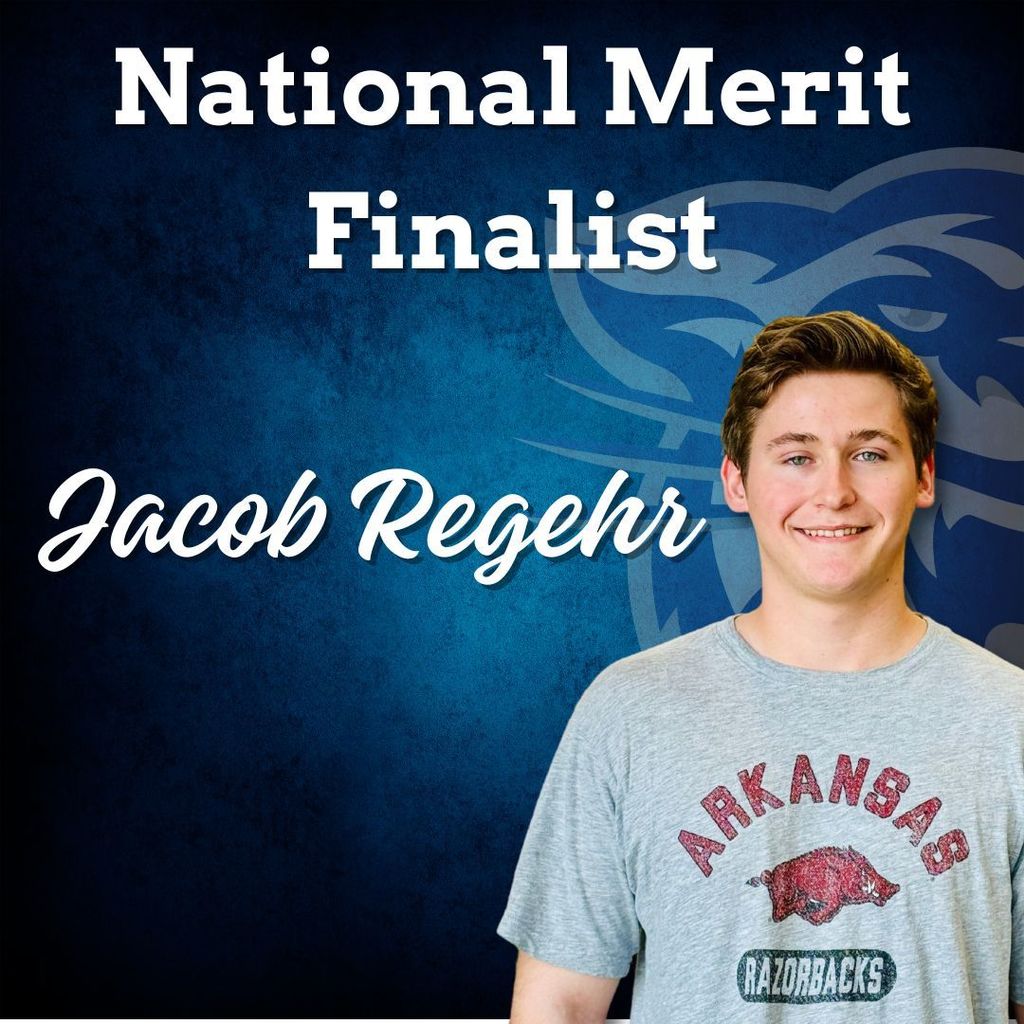 Blue background, faded wampus cat on the right side.  Image of student docked in the bottom right corner.National merit finalist: Jacob Regehr