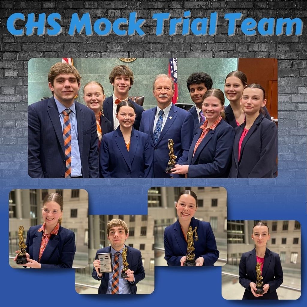 CHS Mock Trial Team.  Images of student members on a brick background with a blue gradient.