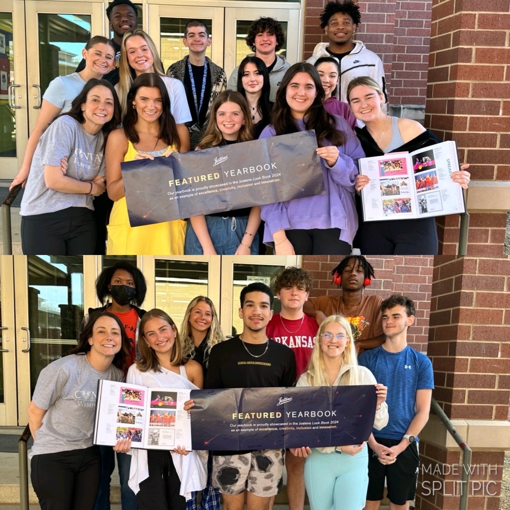 Students and teacher sponsor posing with their notice of being in this year's Josten's Look Book