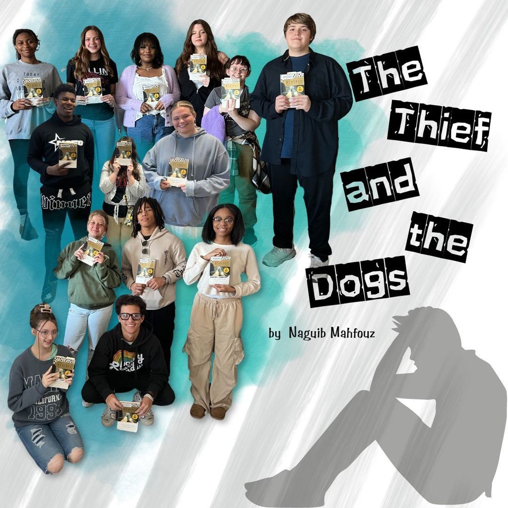 The theif and the dogs by Naguib Mahfouz.  Shades of teal and gray on the background.  silhouette of a person sitting in the corner.  groups of students holding up copies of the book.