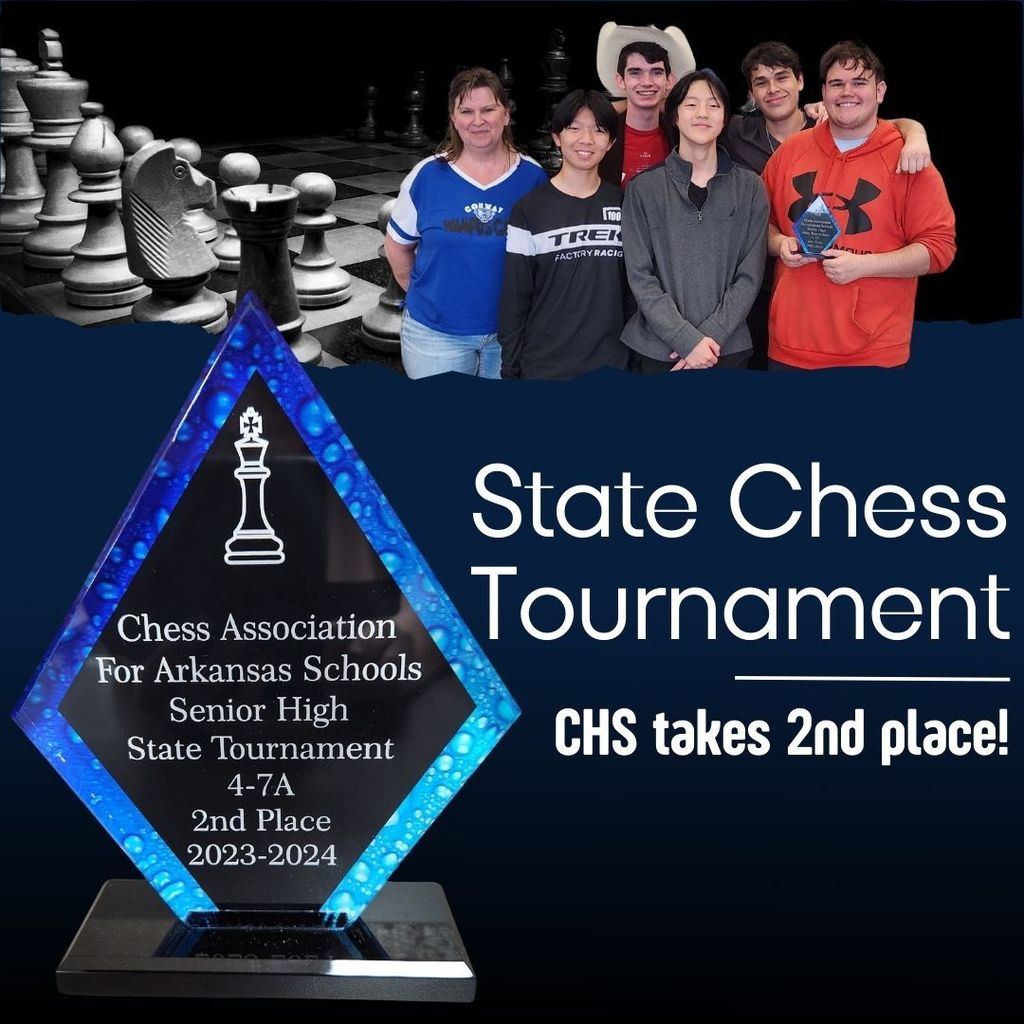 State Chess Tournament. CHS Takes 2nd place!  Image of chess team over a background of a chess board.  Image of trophy.