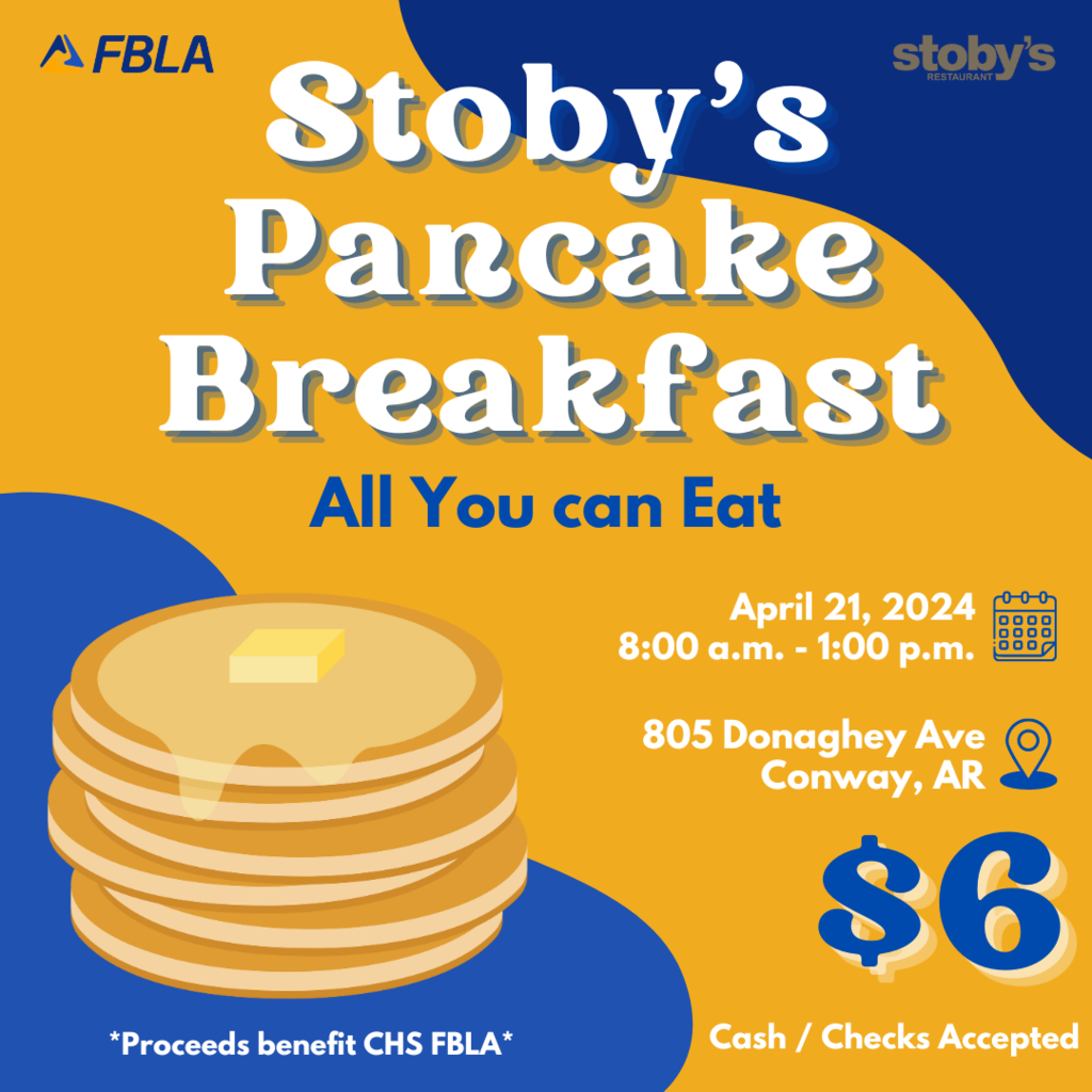 Stoby's pancake breakfast. all you can eat. April 21, 2024. 8:00AM to 1:00PM. 805 Donaghey Ave. conway, AR. $6 a plate. Cash and Check accepted. Proceeds benefit CHS FBLA.