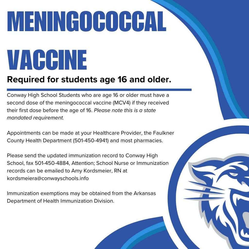Meningococcal Vaccine Requried for students age 16 and older.  Text is the same as the post's caption.  White background with blue accents.  Wampus cat in the bottom right corner.