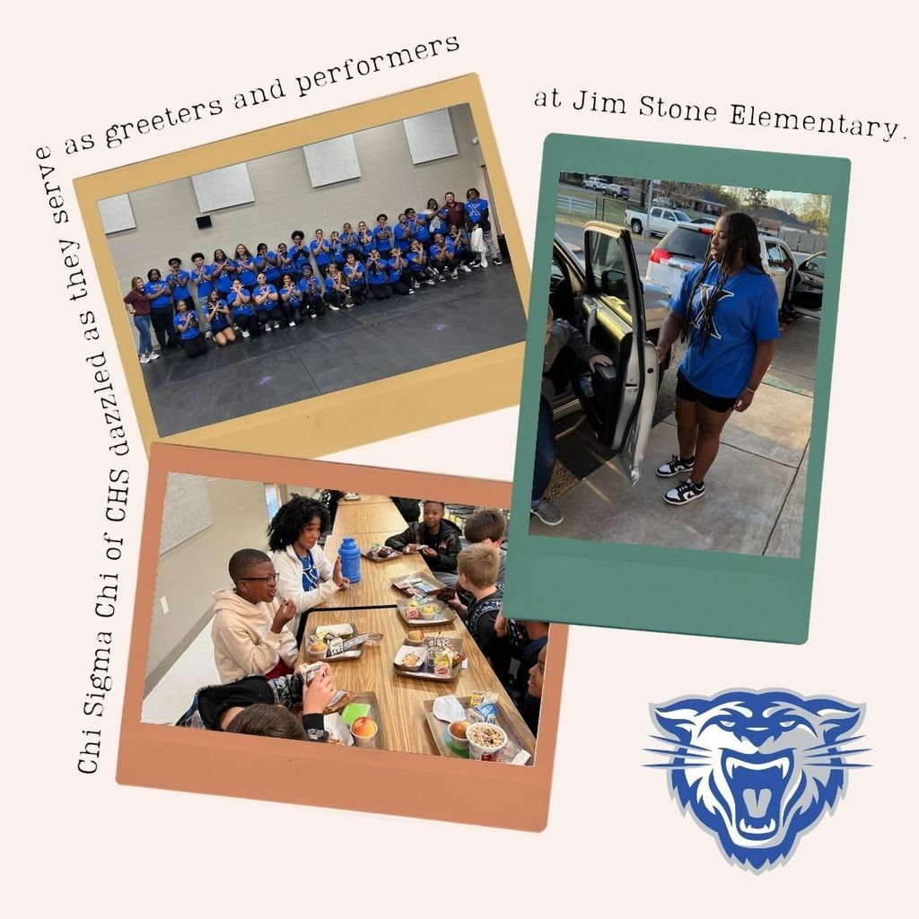 collage of 3 photos of Chi Sigma Chi of CHS visiting Jim Stone Elementary.  Chi Sigma Chi of CHS dazzled as they serve as greeters and performers as Jim Stone Elementary.  Wampus cat in the bottom right.
