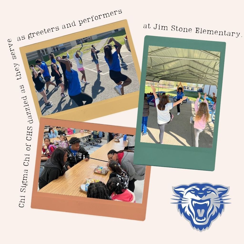 collage of 3 photos of Chi Sigma Chi of CHS visiting Jim Stone Elementary.  Chi Sigma Chi of CHS dazzled as they serve as greeters and performers as Jim Stone Elementary.  Wampus cat in the bottom right.