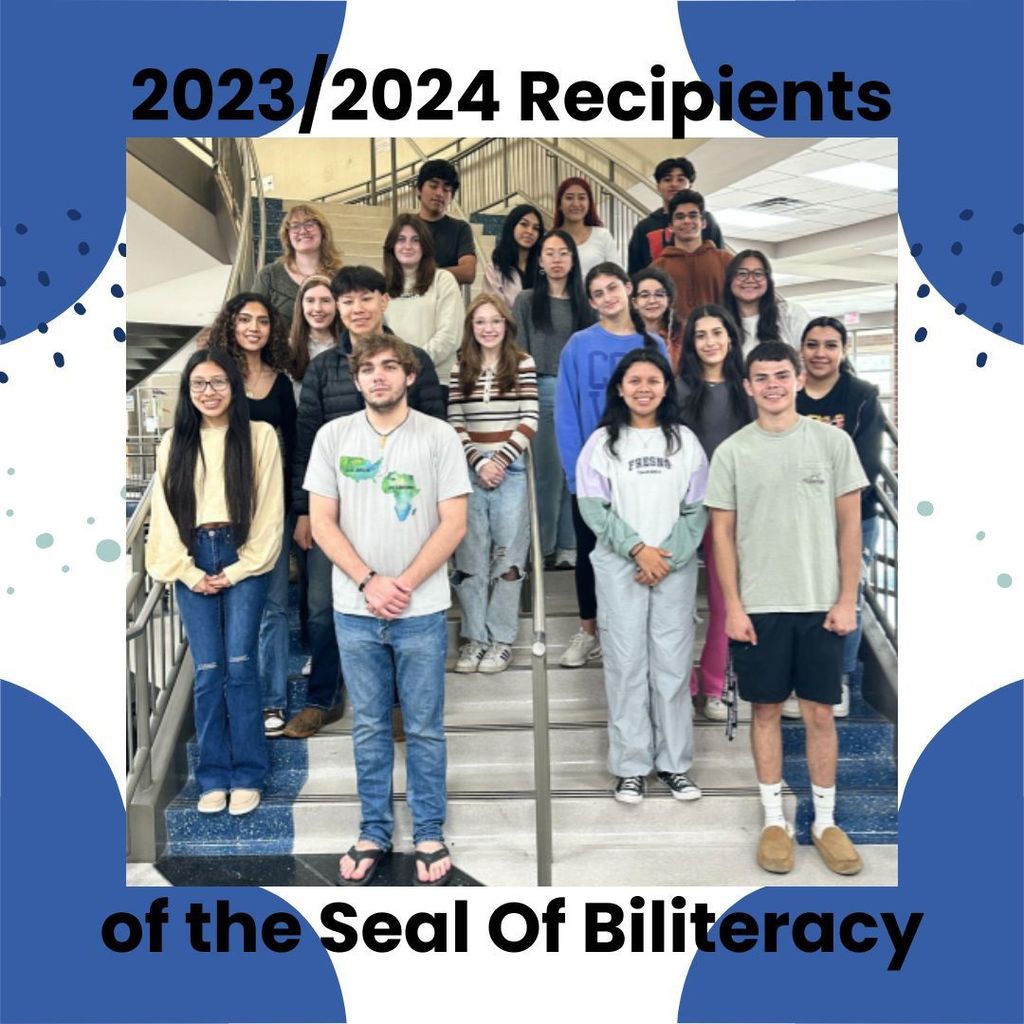 blue and white background. Image of students in the center. 2023/2024 Recipients of the seal of biliteracy.