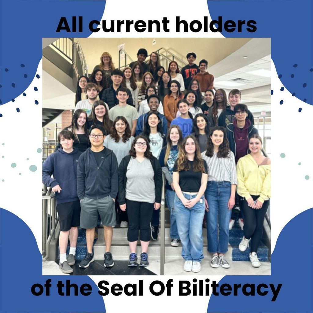 blue and white background. image of students in the center. All current holders of the seal of biliteracy.
