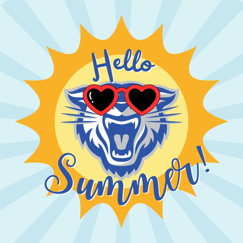 "Hello Summer" with a wampus cat head with heart shaped sunglasses.