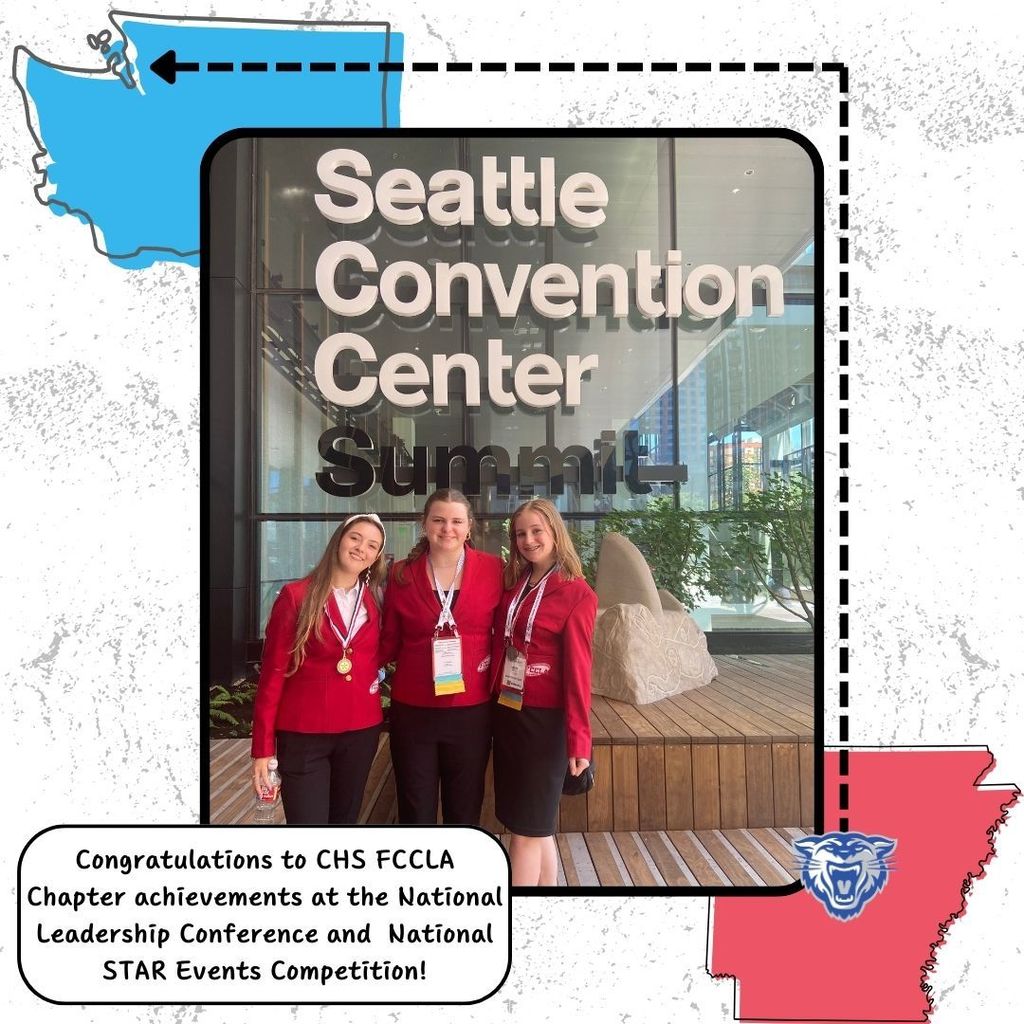 Image with washington state outline in the top left corner. Outline of Arkansas in the bottom right corner. Dotted line from central Arkansas moving to approximate location of Seattle, WA. Image of students in front of the SEattle Convention Center Summit sign.