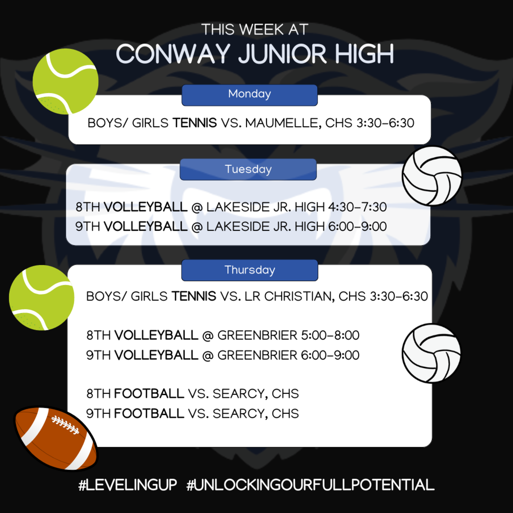 Monday: Tennis; Tuesday: Volleyball; Thursday: Tennis, Volleyball, and Football