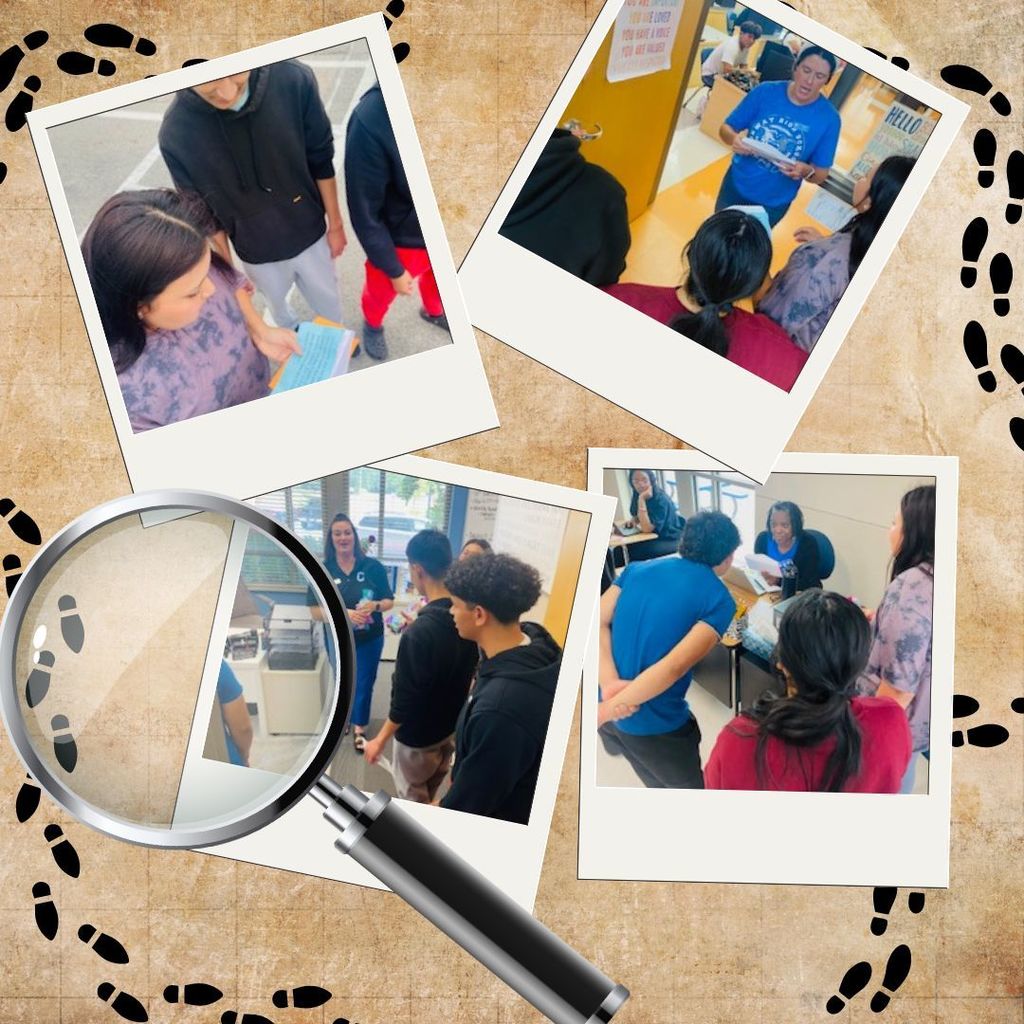 Students working through scavenger hunt clues and talking with teachers