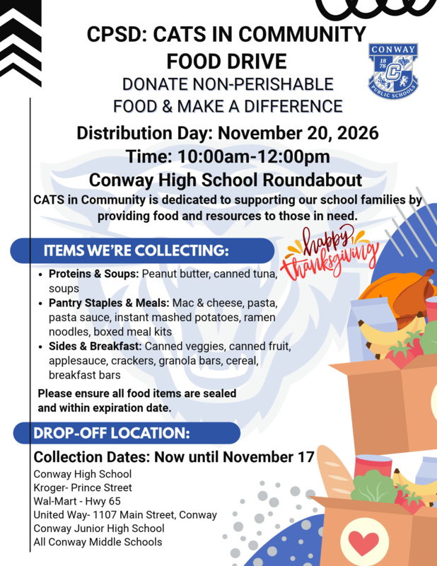 CPSD Cats in community food drive flyer graphic