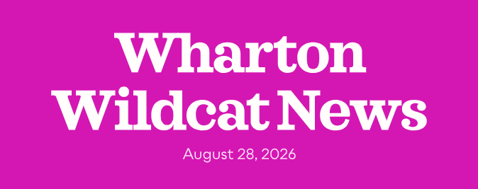Magenta title card with bold white text reading “Wharton Wildcat News” and the date “August 28, 2026,” conveying a bright, upbeat tone.