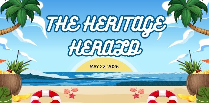 Beach-themed illustration with "The Heritage Herald" in bold, white letters. A sunset over the ocean, palm trees, coconuts, and lifebuoys decorate the scene. Date: May 22, 2026.