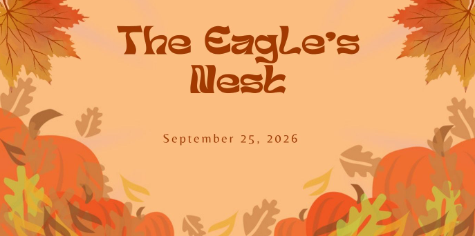 Autumn-themed event banner reading “The Eagle’s Nest” and “September 25, 2026,” framed by orange pumpkins, colorful leaves, and a warm, festive fall palette.