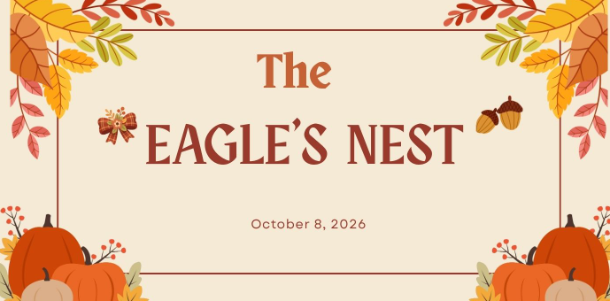 Autumn invitation framed by colorful leaves and pumpkins, announcing “The Eagle’s Nest” on October 8, 2026, in a warm, festive fall style.