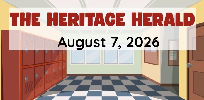 The Heritage Herald - August 7, 2026 infront of a cartoon school hallway