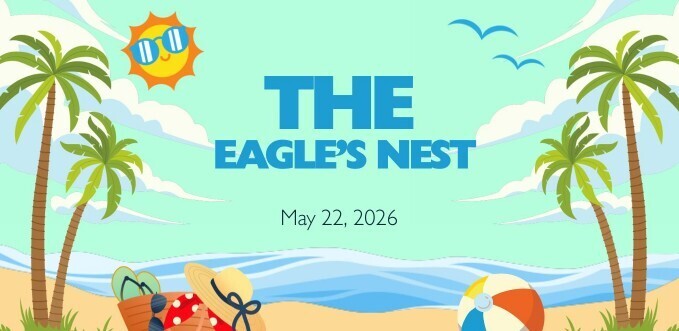 Tropical beach scene with palm trees, sun wearing sunglasses, ocean waves, and seagulls; text reads "The Eagle's Nest, May 22, 2026."
