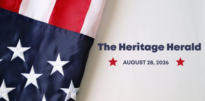 Close-up of an American flag beside “The Heritage Herald,” dated August 28, 2026, with red star accents and a patriotic, formal tone.