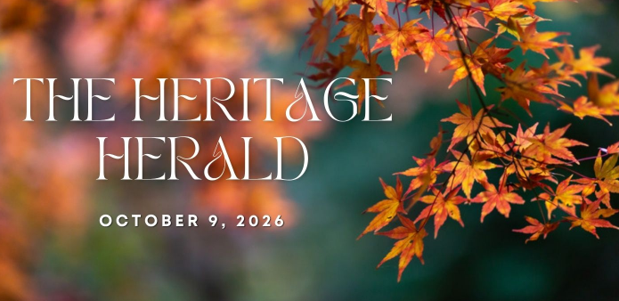 Autumn leaves in vivid orange and red frame the title “The Heritage Herald,” dated October 9, 2026, in a warm, seasonal design.