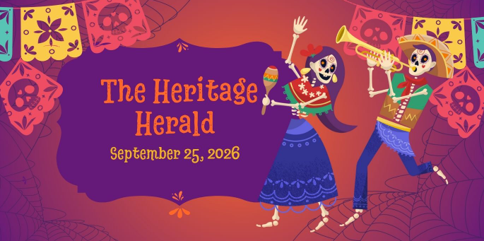 Colorful Día de los Muertos poster: two skeleton musicians dance with a guitar and trumpet beside “The Heritage Herald, September 25, 2026,” amid papel picado and marigolds.