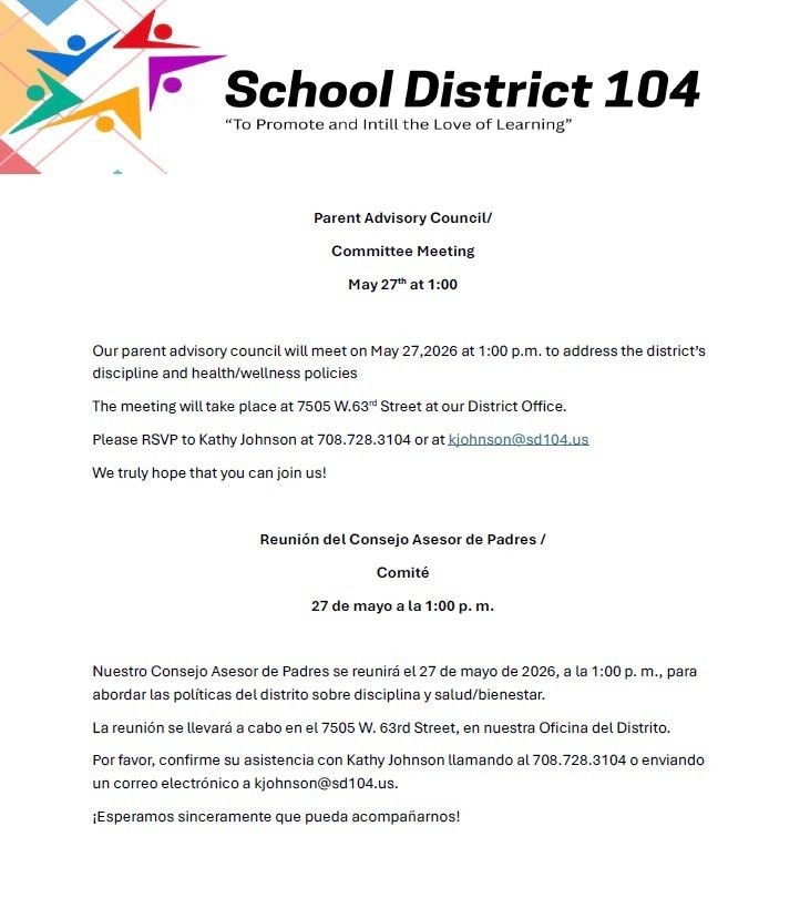 Flyer for School District 104's Parent Advisory Council meeting on May 27th at 1:00 PM, focusing on discipline and health policies, with RSVP details.