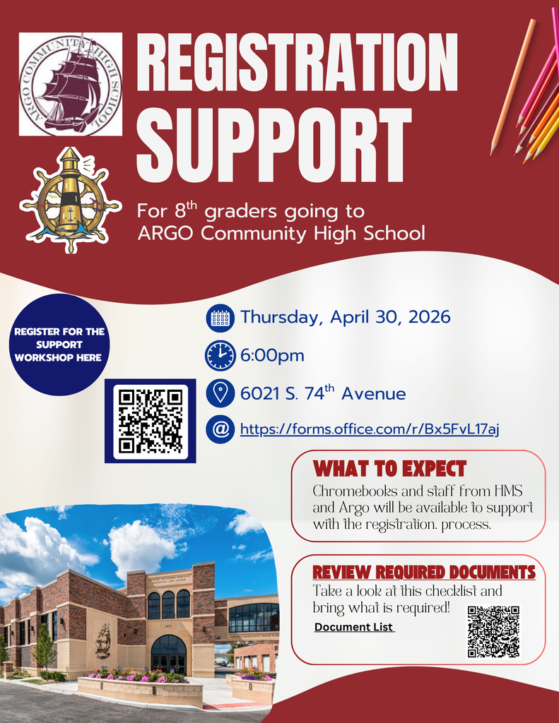 Registration Support flyer for 8th graders entering Argo Community High School. Includes date, time, location, QR code, and checklist info.