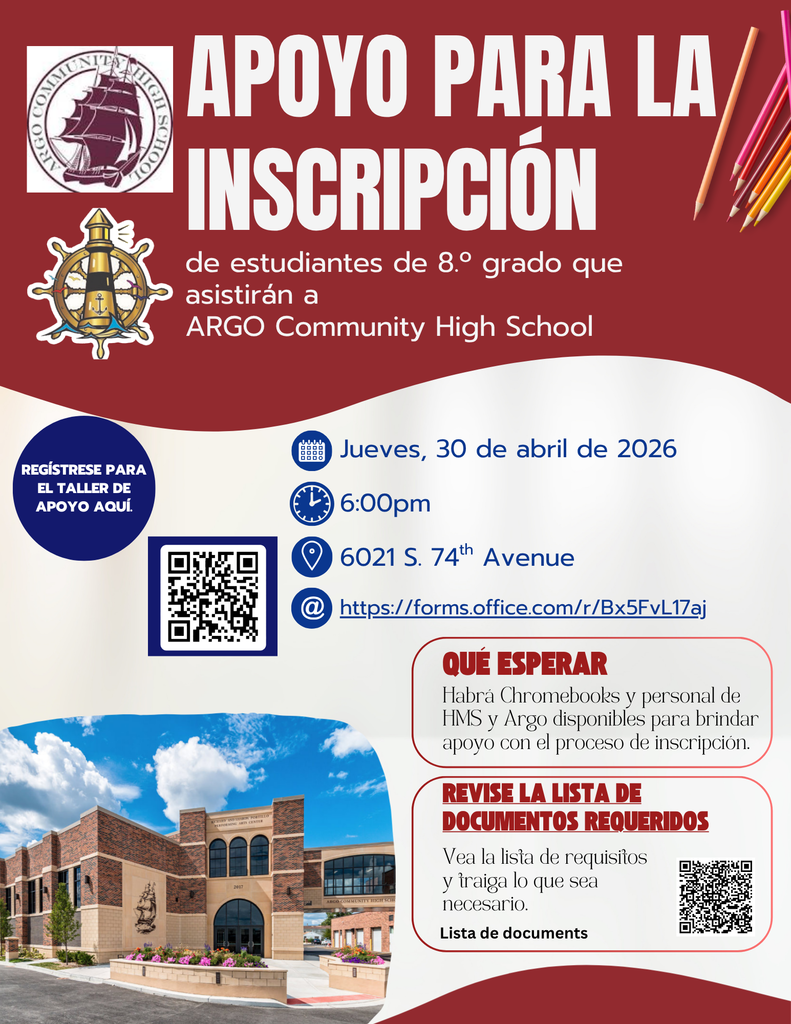 Registration support poster for 8th graders at ARGO Community High School. Event on April 30, 2026, 6:00 PM at 6021 S. 74th Avenue. Includes QR code and registration link.