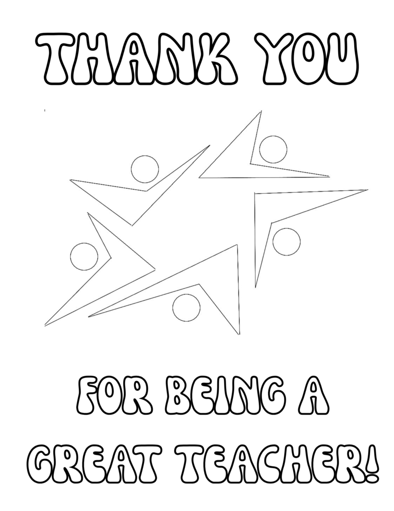"Black and white thank you card with bold text saying 'Thank You For Being a Great Teacher' surrounding abstract star and circle shapes."