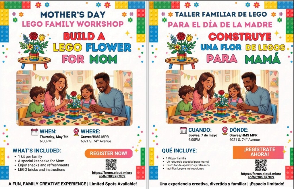 Pamphlet for a Mother's Day Lego workshop. It shows a smiling family building Lego flowers. Details include date, time, location, and registration info in English and Spanish.