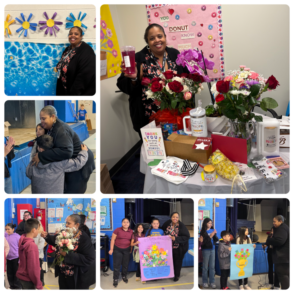 Collage of a woman receiving gifts and appreciation from children. Includes flowers, cards, and hugs. The atmosphere is joyful and celebratory.