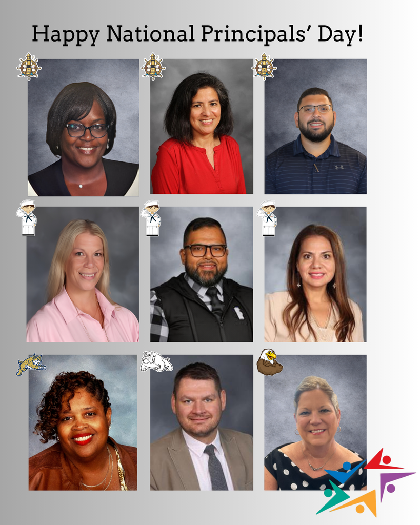 A collage of nine smiling principals in a grid, celebrating National Principals’ Day. Diverse attire and school mascots add personality. Energetic and joyful tone.