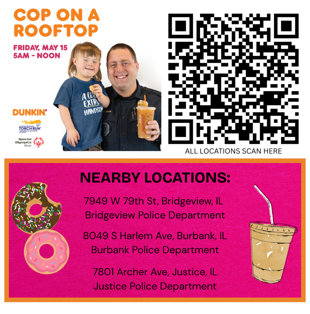 Cop on a Rooftop event flyer showing a smiling officer with a child holding a drink. Includes QR code, event details, and nearby Dunkin' locations.