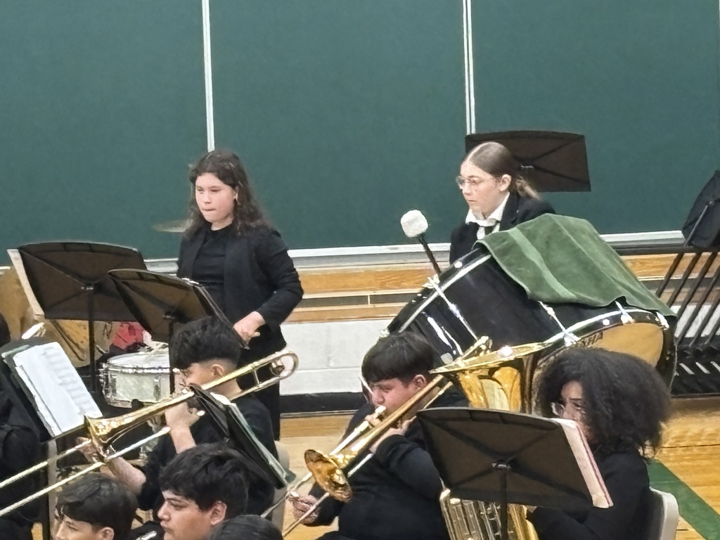 A school band performs; students in black attire play brass instruments and percussion. The scene is focused and lively with music stands in view.