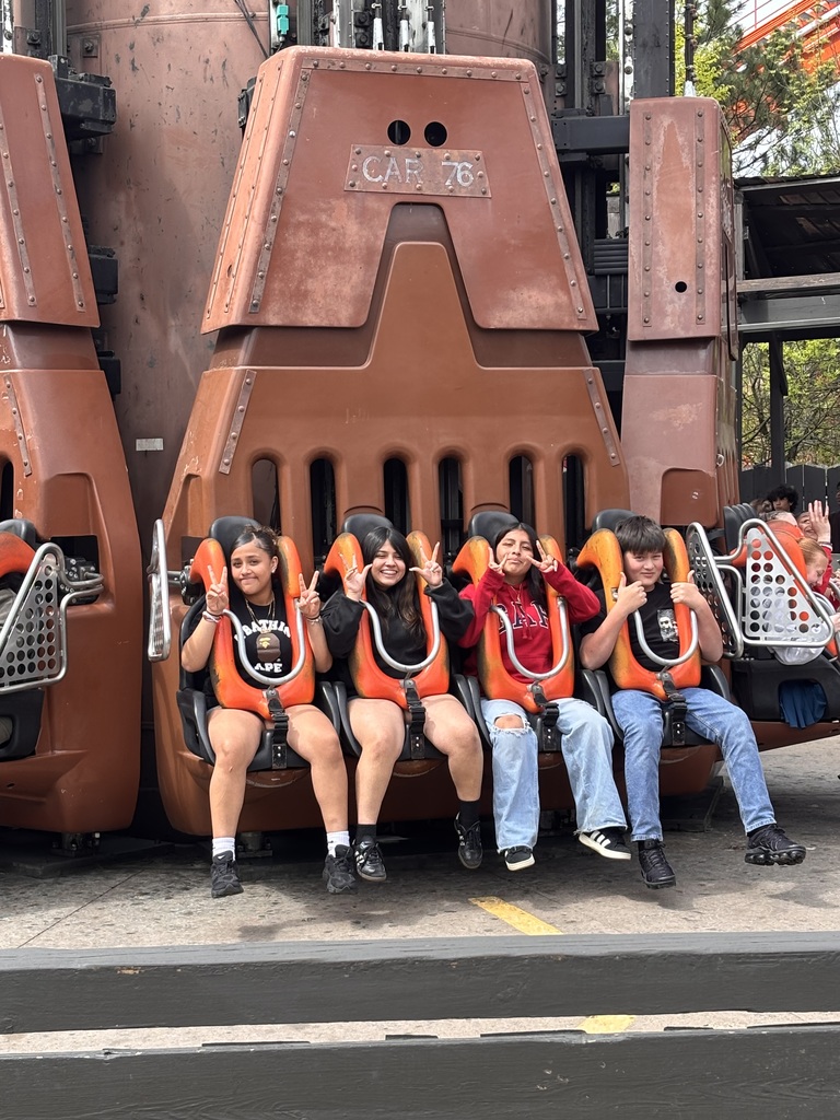 Four people seated on an amusement park ride, smiling and making peace signs. The ride has large brown supports and orange seats.