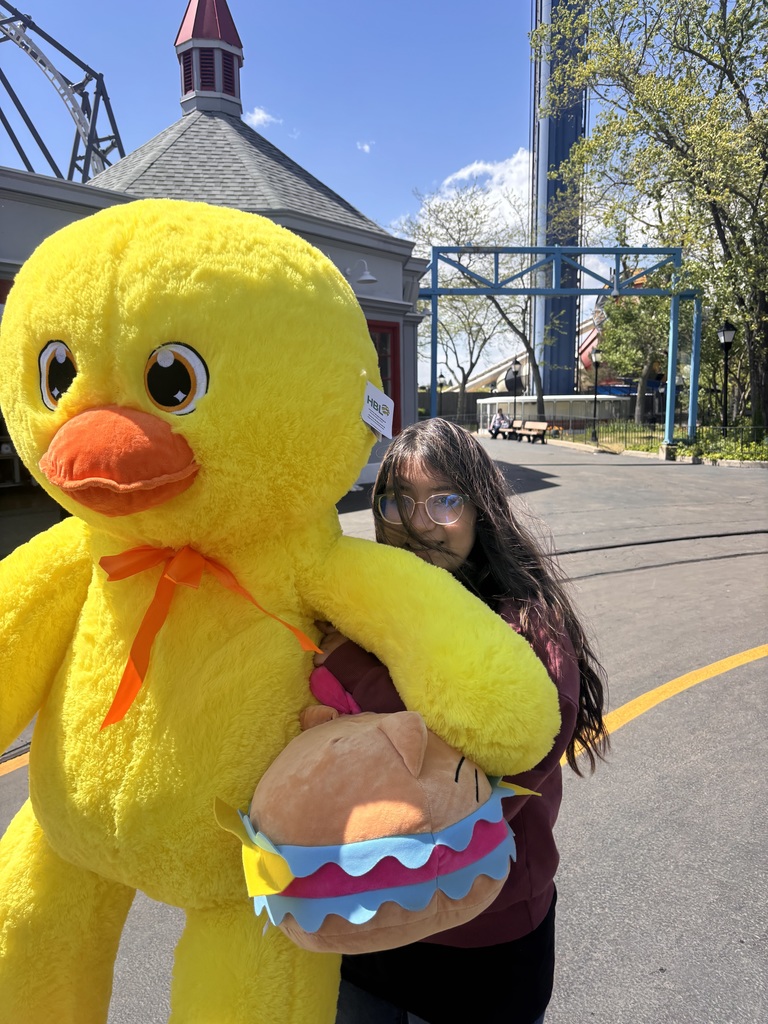 A person partially obscured by a large yellow duck plush toy. They hold a smaller plush, standing on a sunny amusement park pathway. Playful mood.