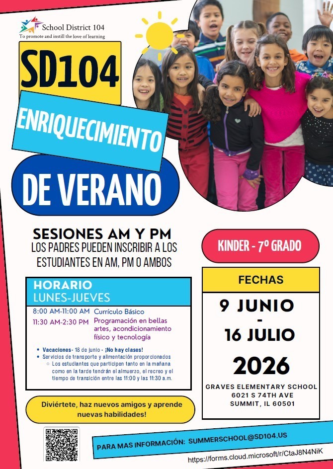 Alt text: "Colorful summer program flyer for SD104 with smiling children. Highlights include AM/PM sessions, dates June 9-July 16, 2026, for grades K-7."