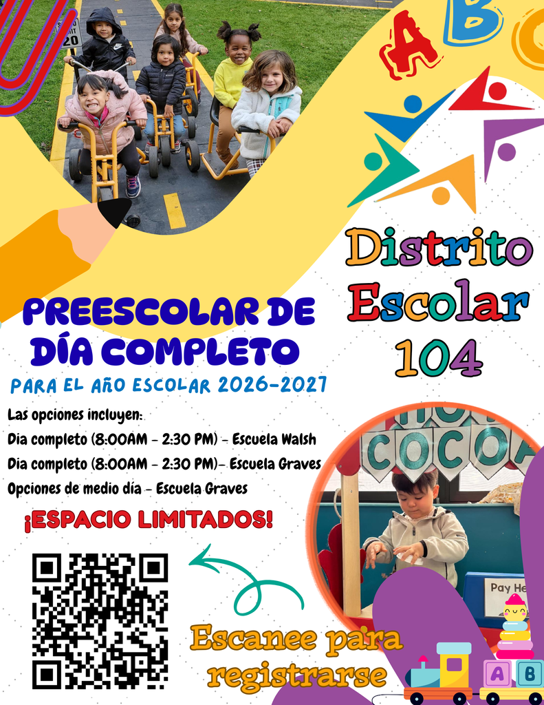 Bright preschool flyer featuring children on tricycles and a child playing indoors. Text announces full-day preschool for 2026-2027 with registration details. Vibrant, playful design.