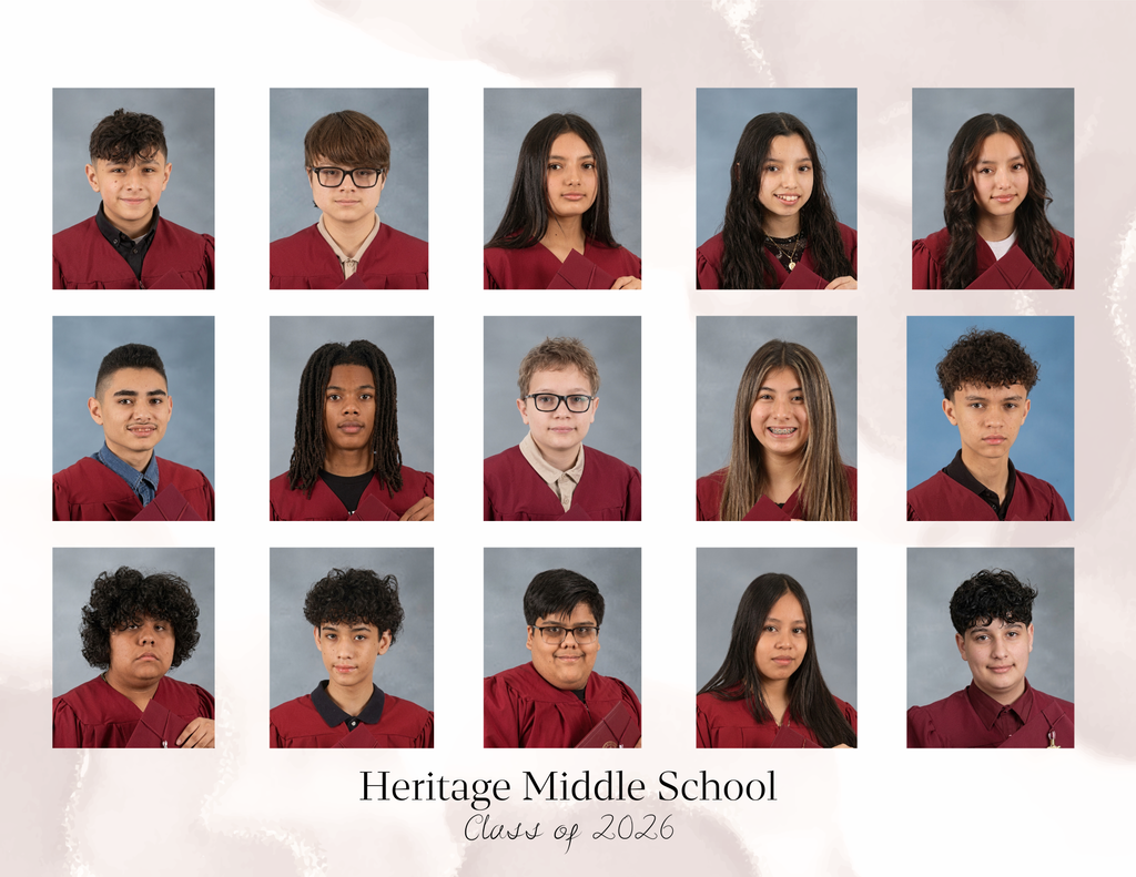 Grid of 15 middle school students' portraits in red graduation gowns on a light background. Below, text reads "Heritage Middle School, Class of 2026."