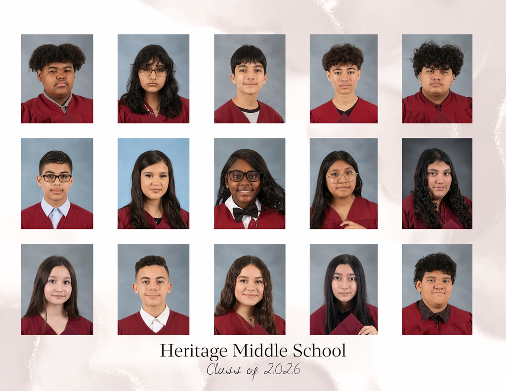 Grid of 15 middle school students in red graduation gowns, smiling at the camera. Text reads "Heritage Middle School, Class of 2026."
