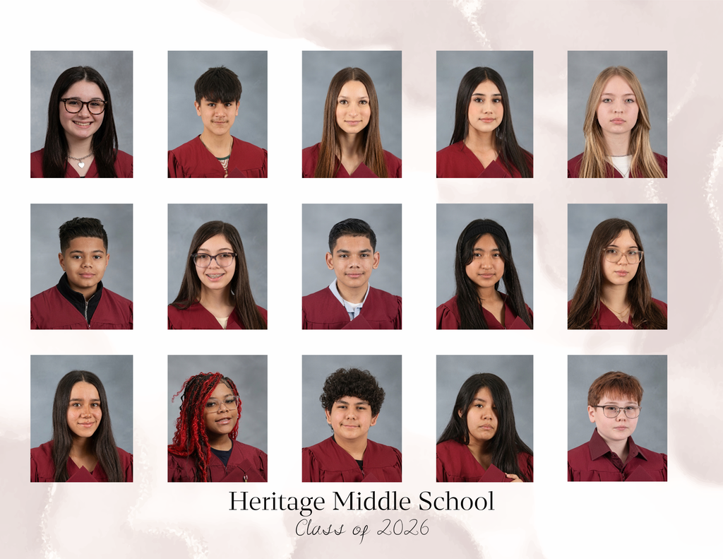Grid of 15 student portraits from Heritage Middle School Class of 2026, wearing maroon robes. The tone is formal and celebratory.
