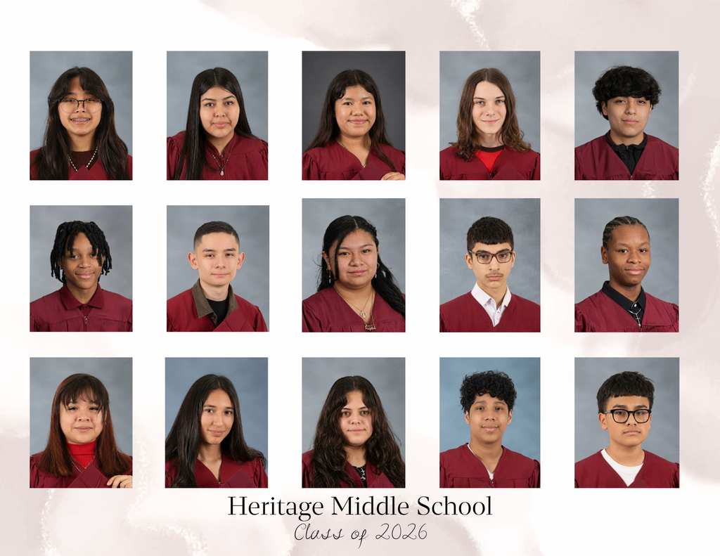 Fifteen middle school graduates in maroon gowns, smiling softly. Text below reads "Heritage Middle School, Class of 2026." Portrait-style layout.
