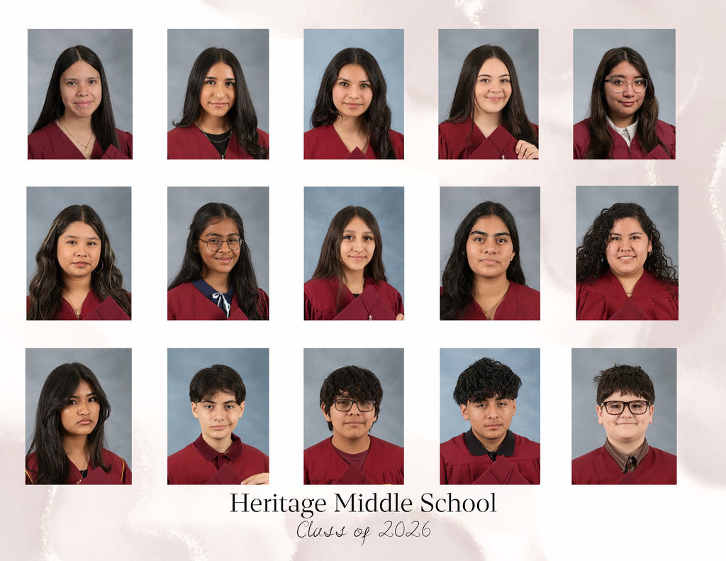Grid of 15 Heritage Middle School students in maroon gowns, set against a neutral gray backdrop, labeled "Class of 2026" at the bottom.