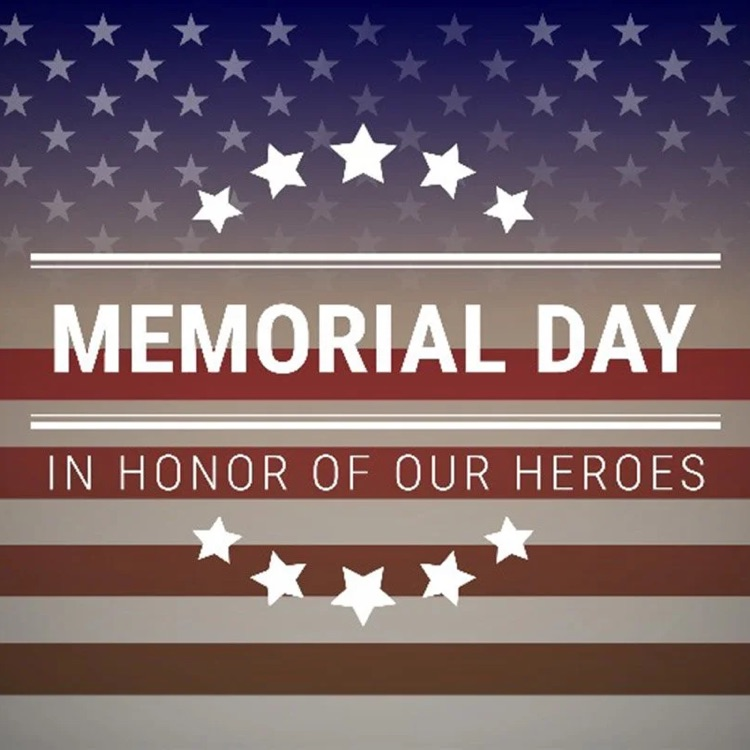 american flag wirh “Memorial Day in honor of our heroes” in the middle with stars forming a circle around the words