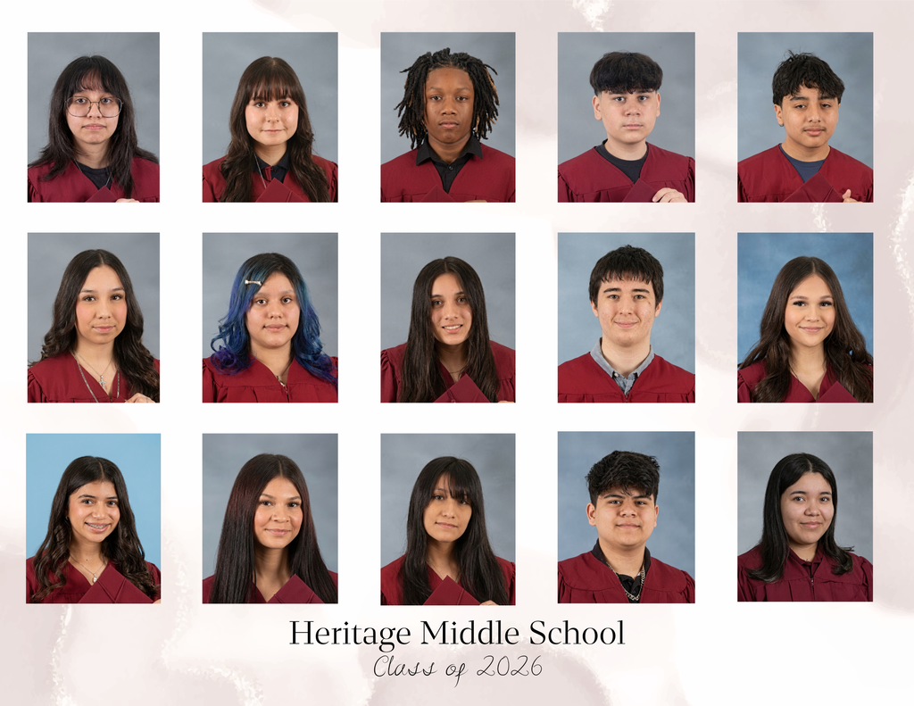 Fifteen students in maroon caps and gowns pose for individual portraits against a gray background, labeled "Heritage Middle School, Class of 2026.