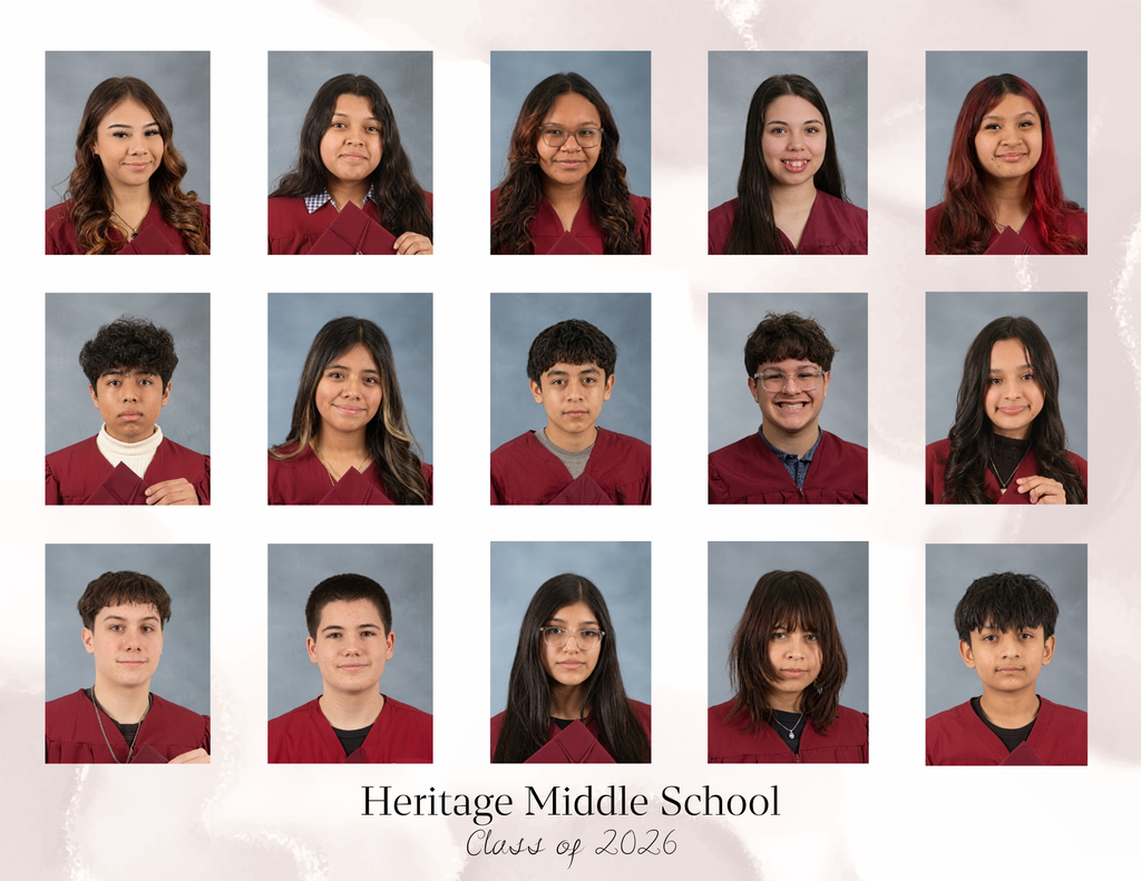 Fifteen Heritage Middle School students in graduation gowns are arranged in three rows for a Class of 2026 portrait.