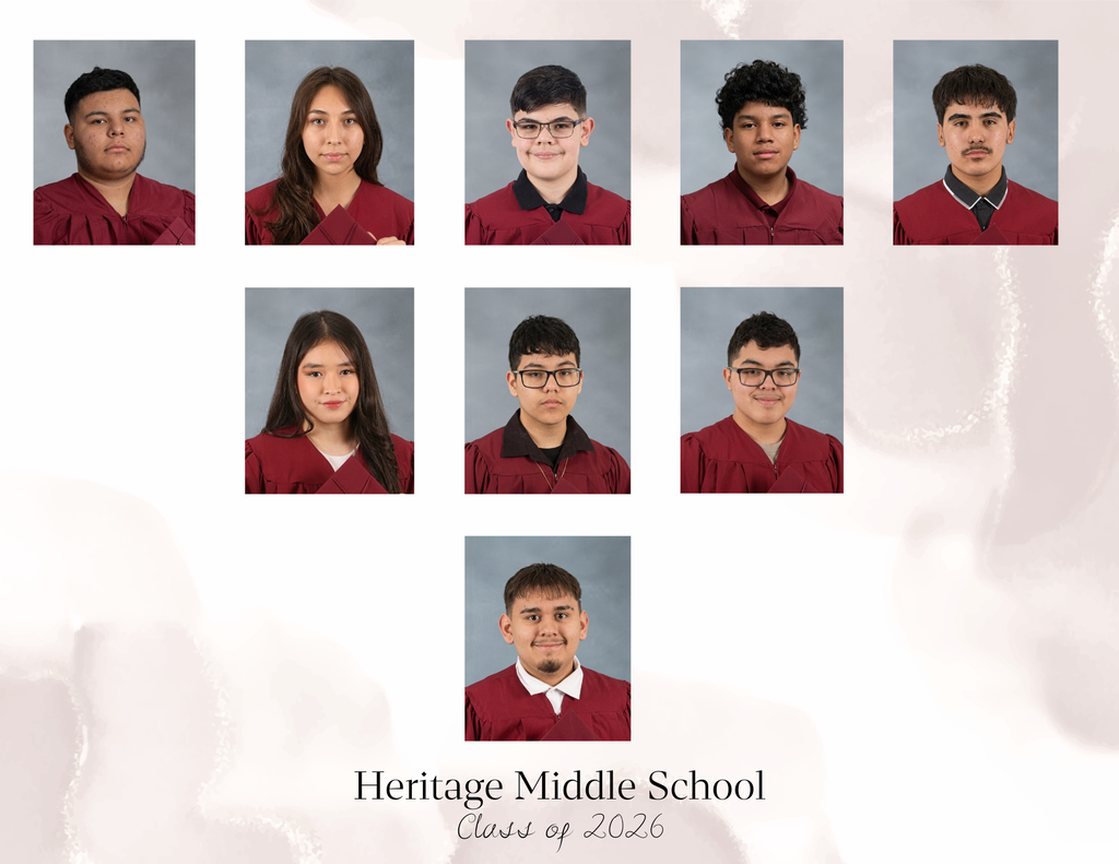 Yearbook style portraits of Heritage Middle School's Class of 2026 students dressed in maroon graduation gowns against a gray backdrop.