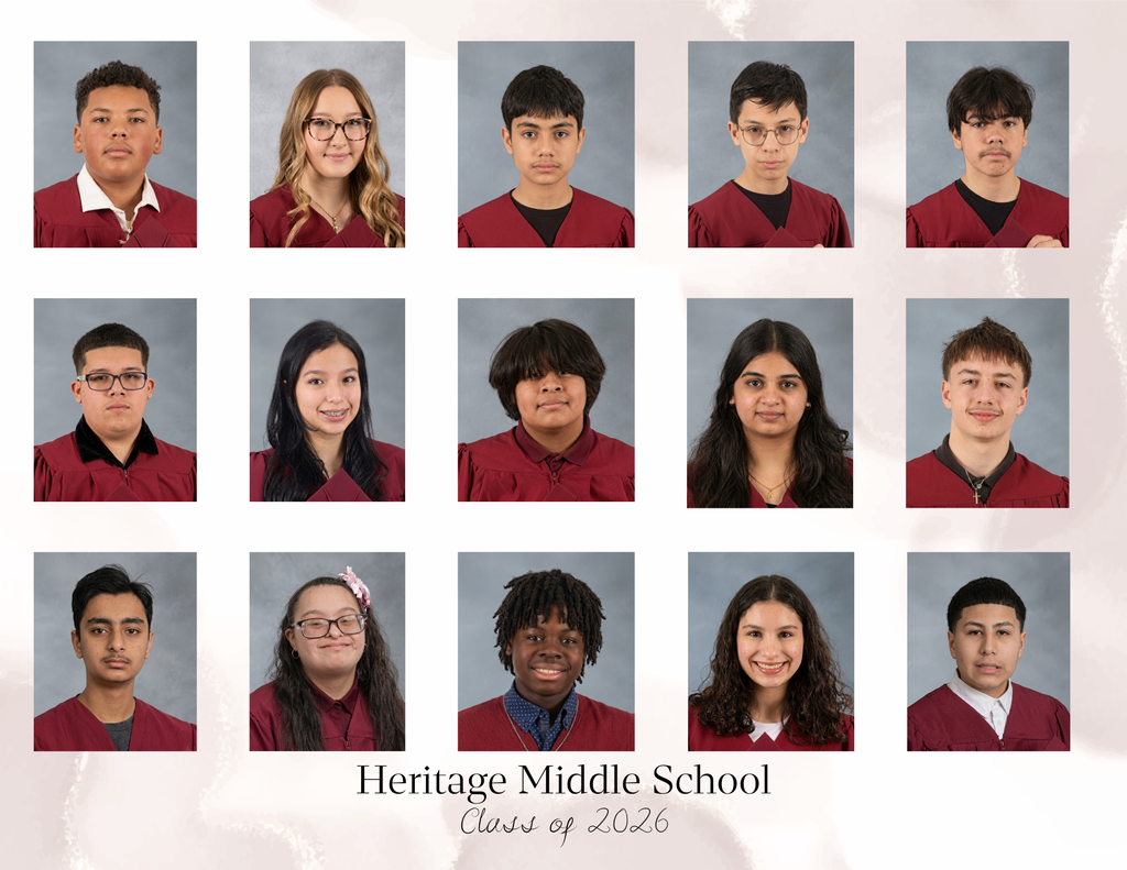 Yearbook-style collage of fifteen middle school students in maroon graduation gowns against a gray background.