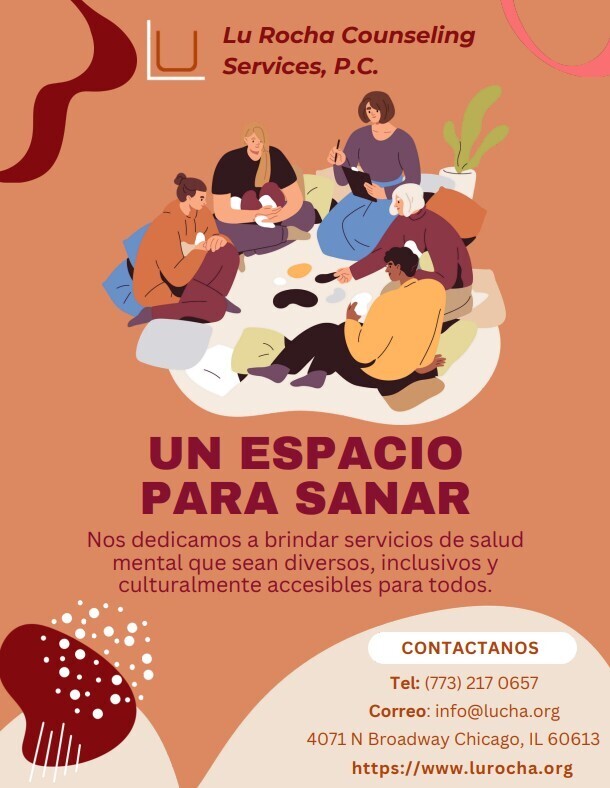 Illustration of a diverse group in counseling, promoting inclusive mental health services by Lu Rocha Counseling Services, P.C. in Spanish.